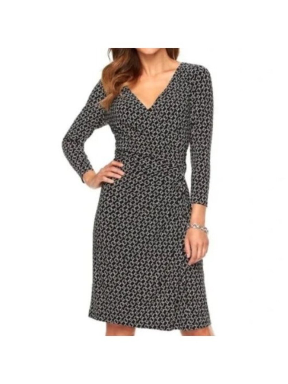 Chaps Wrap Dress Women Medium Black White Long Sleeve
